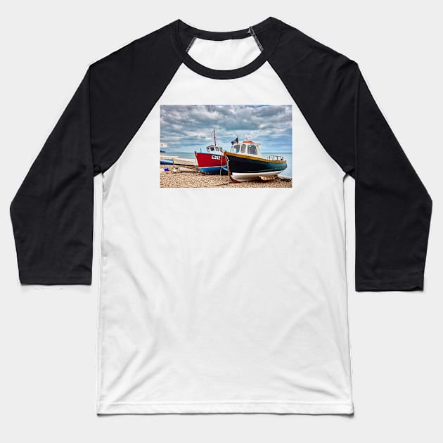 Colourful Fishing Boats on Beer Beach, Devon Baseball T-Shirt by GrahamPrentice